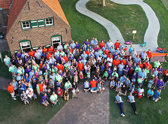 Overhead photo of a group at Dutch Village in Holland MI
